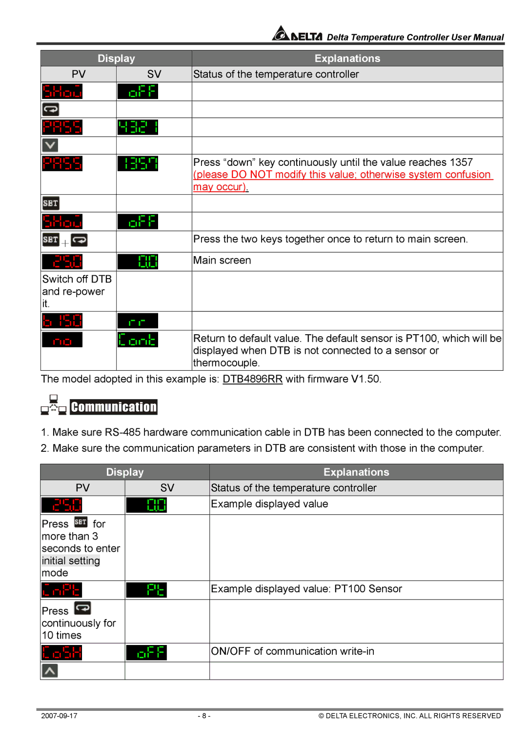 Delta Electronics DTC1000R, DTA4896R1 user manual Switch off DTB and re-power it 