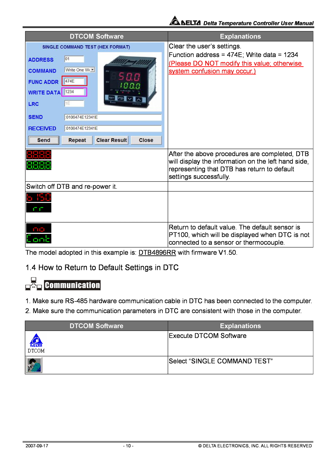 Delta Electronics DTC1000R, DTA4896R1 user manual How to Return to Default Settings in DTC, DTCOM Software, Explanations 