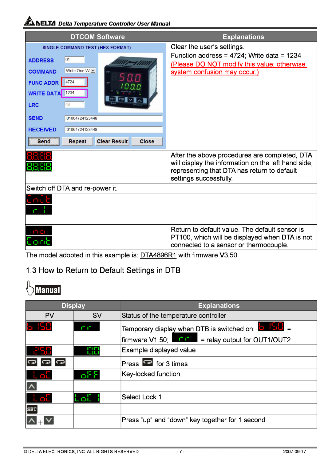 Delta Electronics DTA4896R1, DTC1000R How to Return to Default Settings in DTB, DTCOM Software, Explanations, Display 