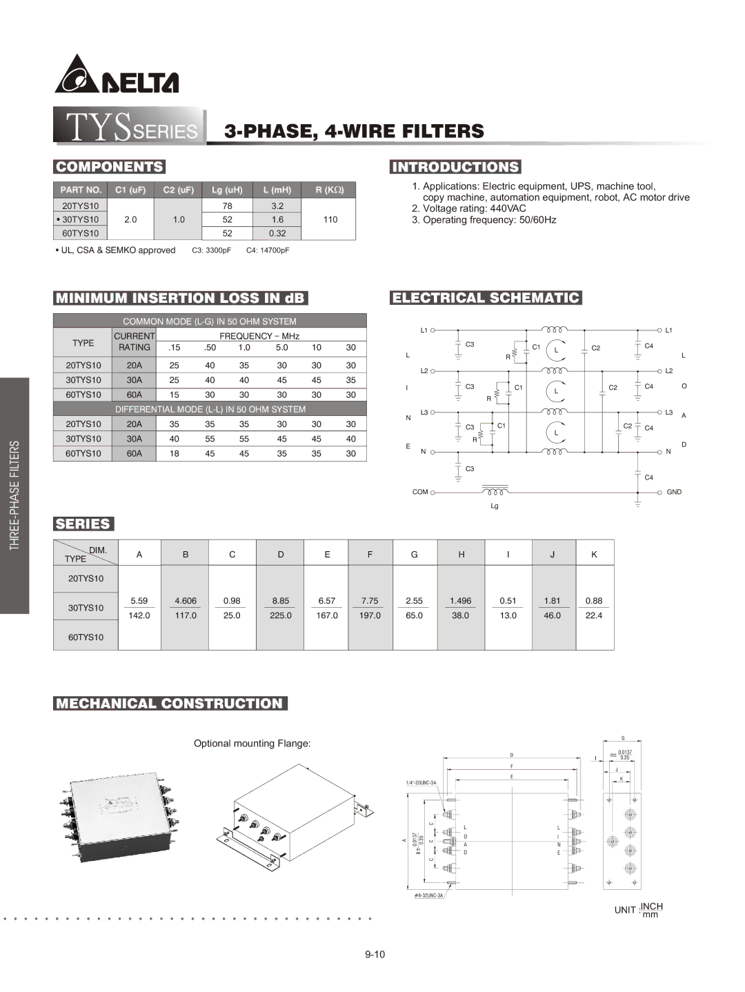 Delta Electronics DTD Series manual Series 3-PHASE, 4-WIRE Filters, Components Introductions, Electrical Schematic 