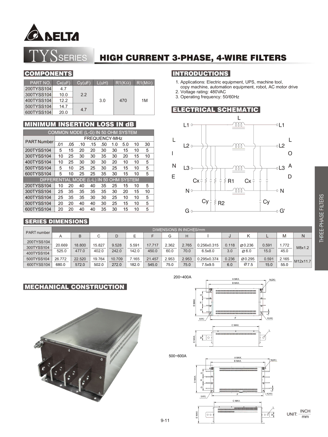 Delta Electronics DTD Series Series High Current 3-PHASE, 4-WIRE Filters, Components, Series Dimensions, Phase Filters 