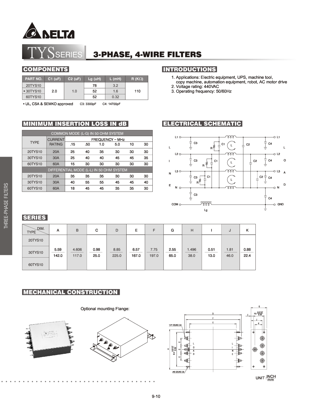 Delta Electronics DTD Series manual SERIES 3-PHASE, 4-WIRE FILTERS, Components, Introductions, Electrical Schematic, Phase 