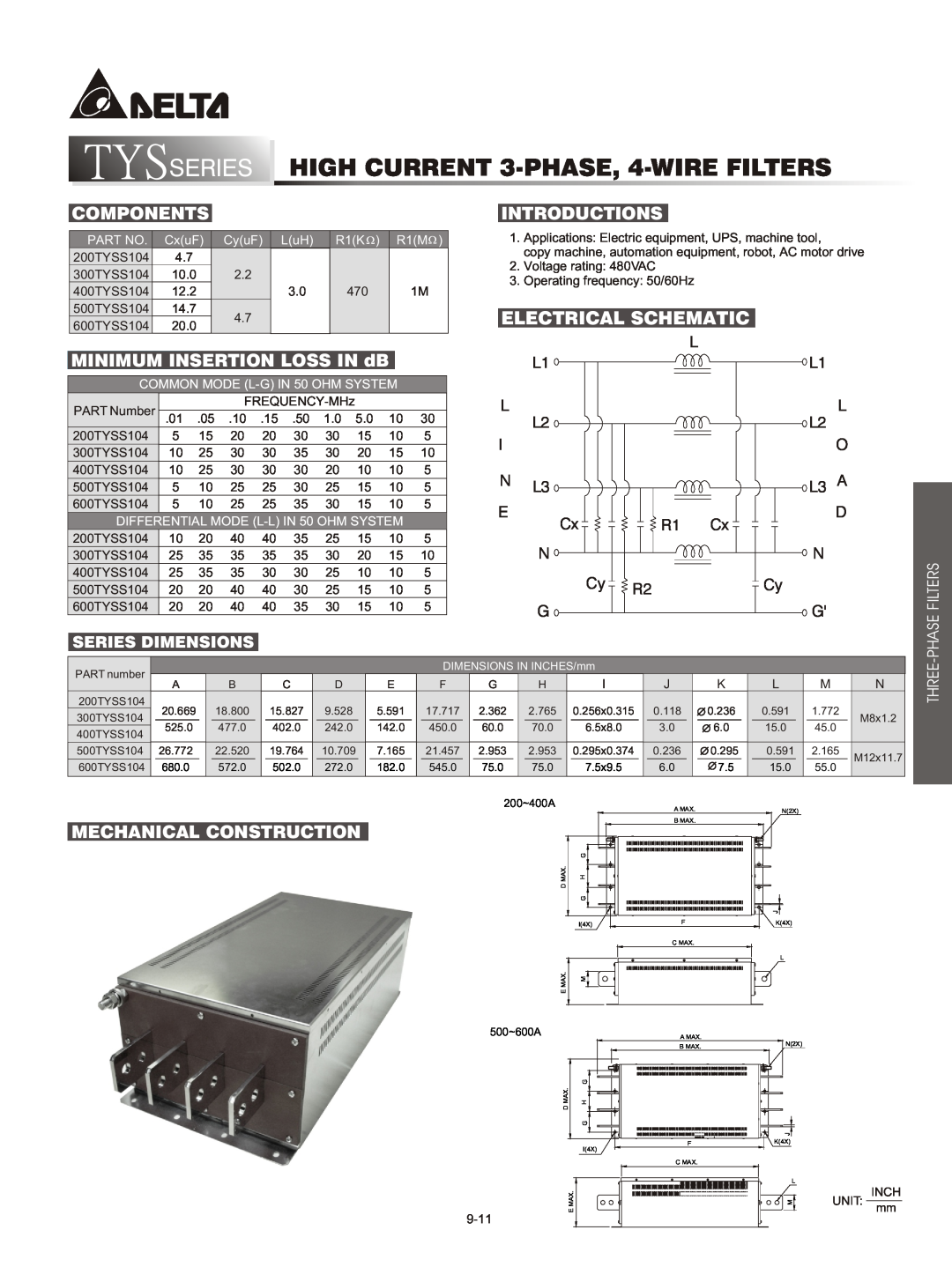Delta Electronics DTD Series SERIES HIGH CURRENT 3-PHASE, 4-WIRE FILTERS, Series Dimensions, Phase Filters, Components 