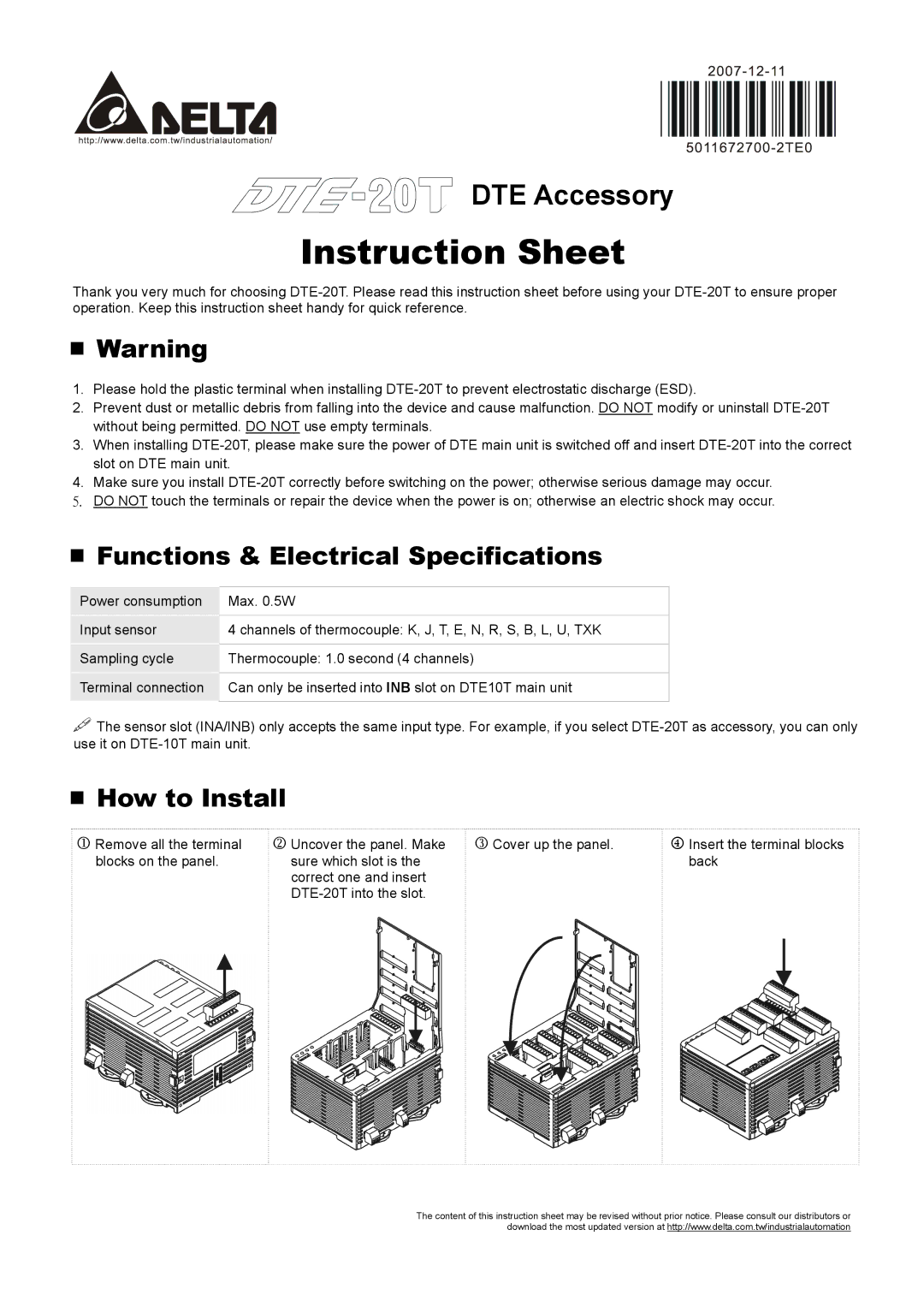 Delta Electronics DTE-20T instruction sheet Instruction Sheet, Functions & Electrical Specifications, How to Install 