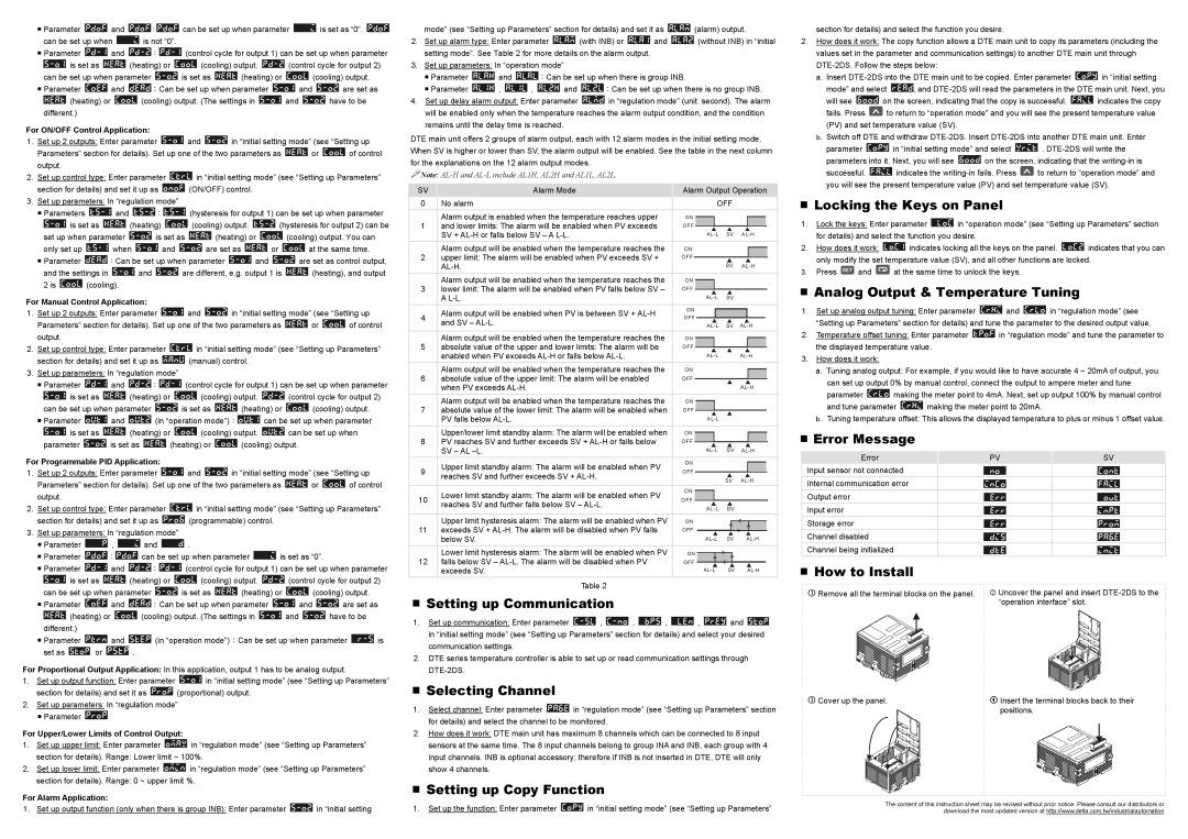 Delta Electronics DTE-2DS Setting up Communication, Selecting Channel, Setting up Copy Function, Locking the Keys on Panel 