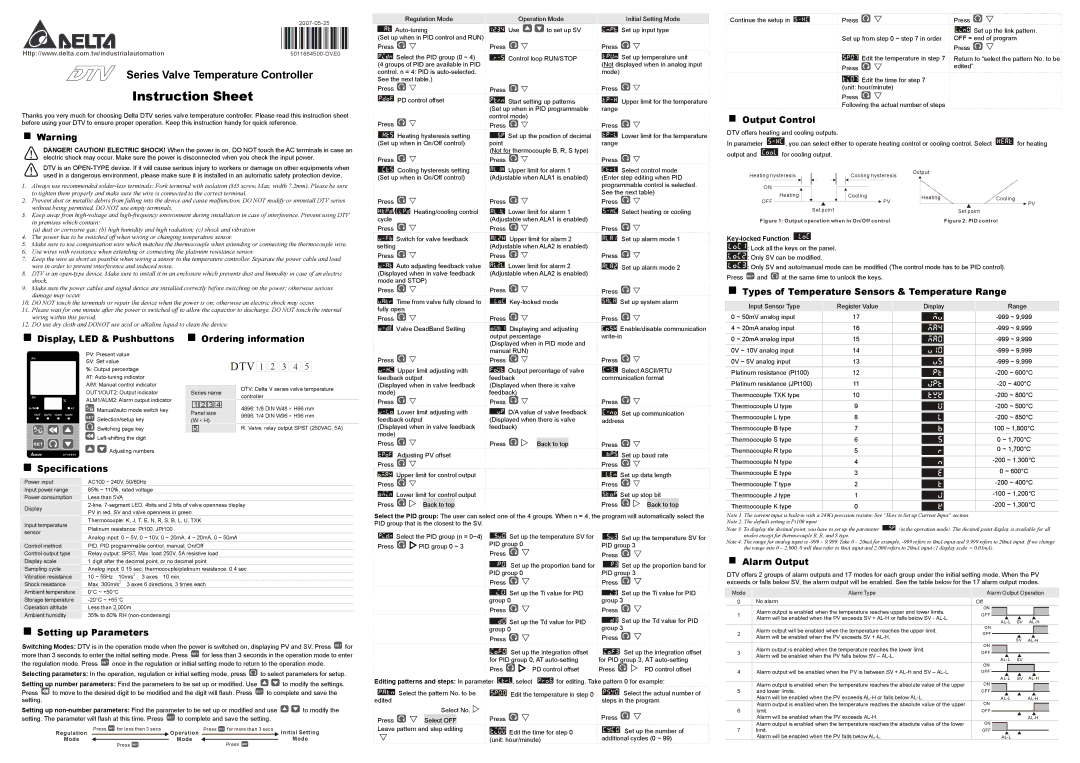 Delta Electronics DTV instruction sheet Output Control, Types of Temperature Sensors & Temperature Range, Alarm Output 