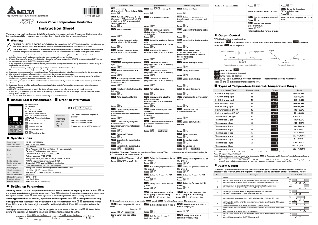 Delta Electronics instruction sheet Instruction Sheet, Series Valve Temperature Controller, DTV 1 2 3 4 