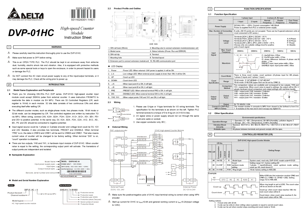 Delta Electronics DVP-01HC instruction sheet Introduction, Function Specification, Controlled Register CR 