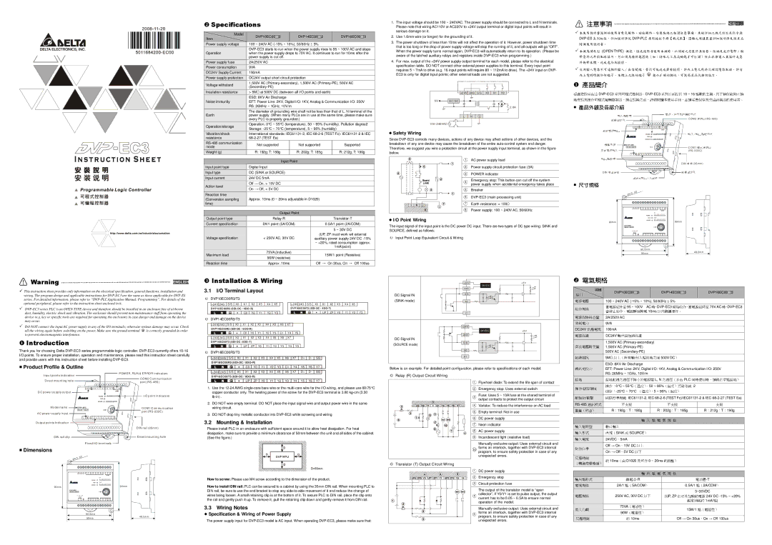 Delta Electronics DVP-EC3 specifications 消耗 力 