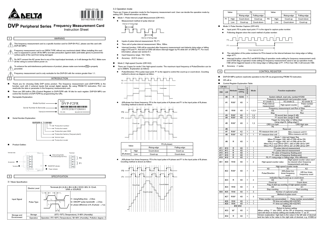 Delta Electronics DVP-F2FR instruction sheet 2005-07-08, DVP Peripheral Series, Frequency Measurement Card, F0 F1 