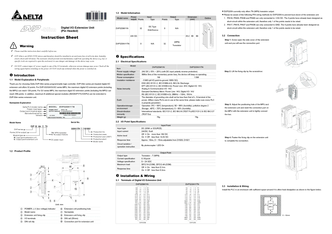 Delta Electronics DVP-Slim instruction sheet Introduction, Specifications, Installation & Wiring 