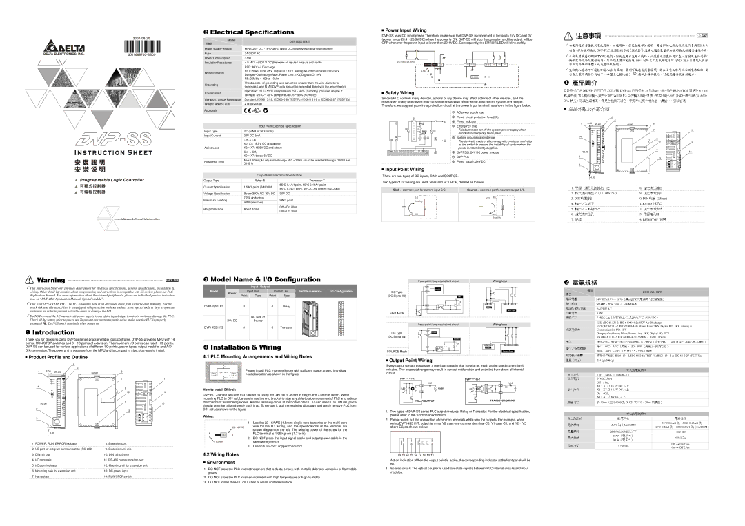 Delta Electronics DVP-SS specifications 注意事項, 絕緣阻抗, 輸入電流, 動作位準 