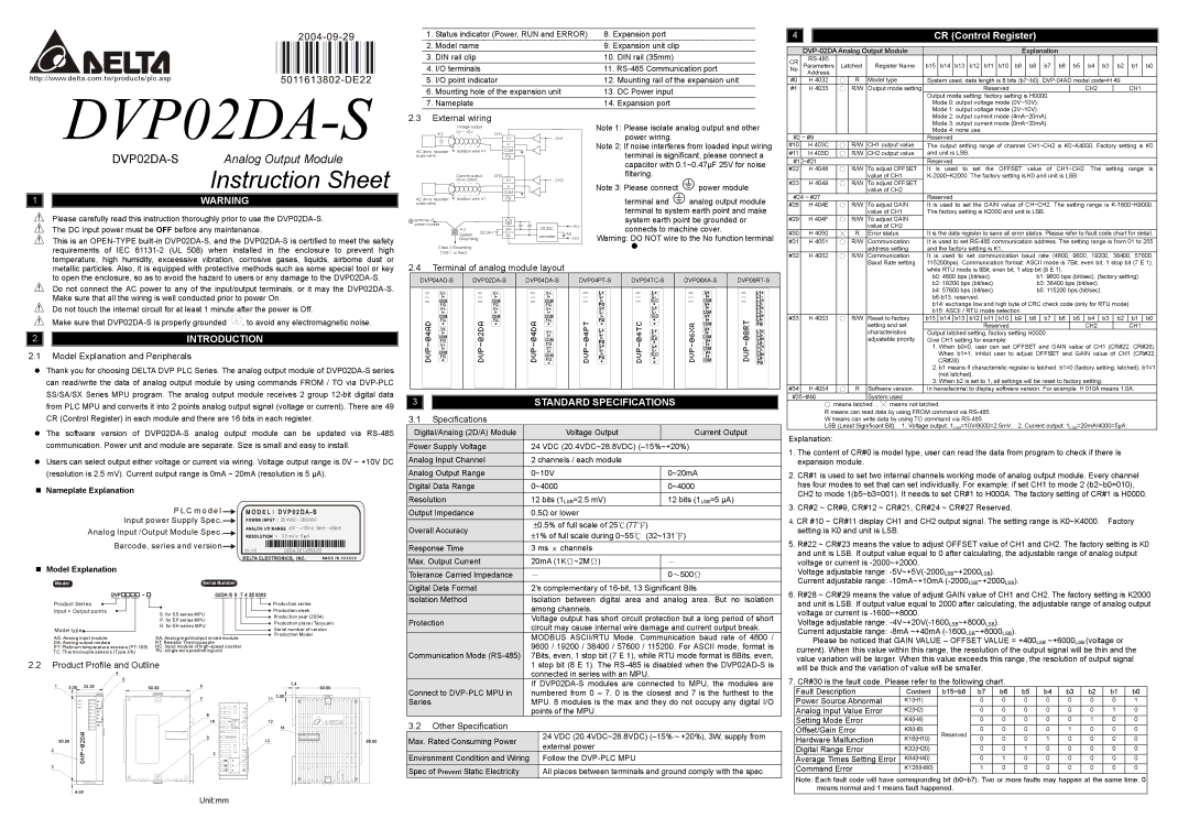 Delta Electronics DVP02DA-S specifications External wiring, Model Explanation and Peripherals, Specifications 