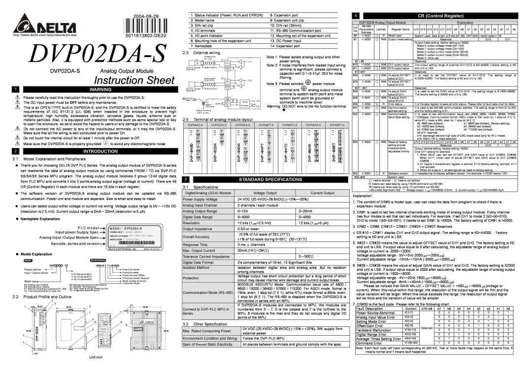 Delta Electronics DVP02DA-S specifications CR Control Register, Introduction, Standard Specifications, Instruction Sheet 
