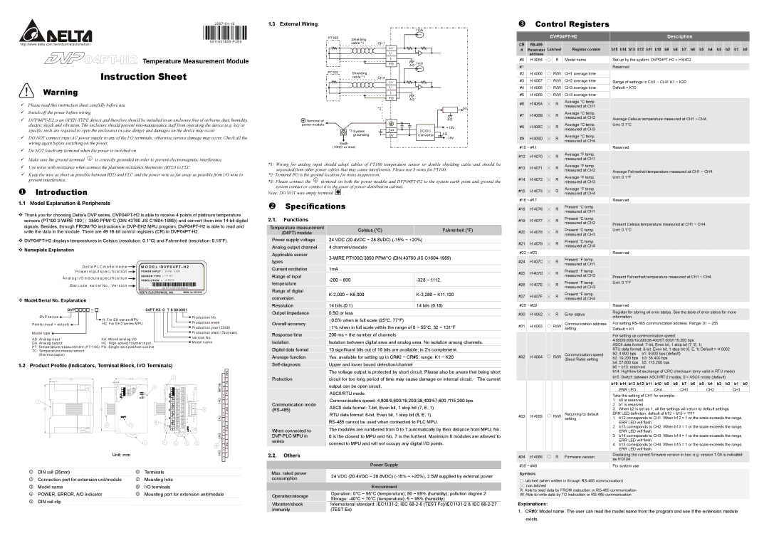 Delta Electronics DVP04PT-H2 instruction sheet Control Registers, Introduction, Specifications 