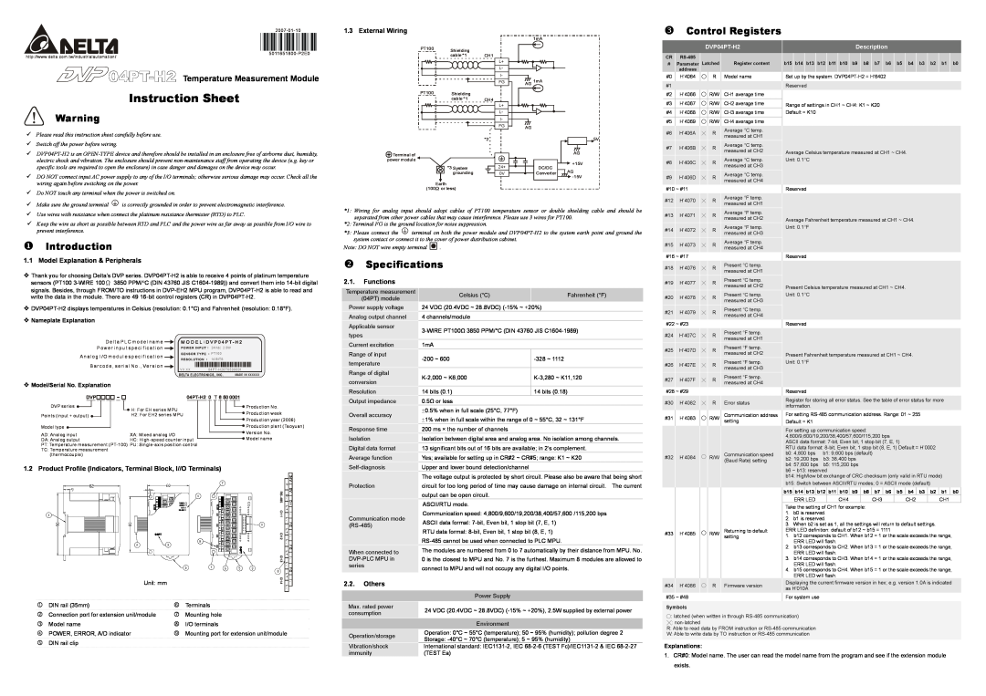 Delta Electronics DVP04PT-H2 instruction sheet Control Registers, Introduction, Specifications, Instruction Sheet, Others 