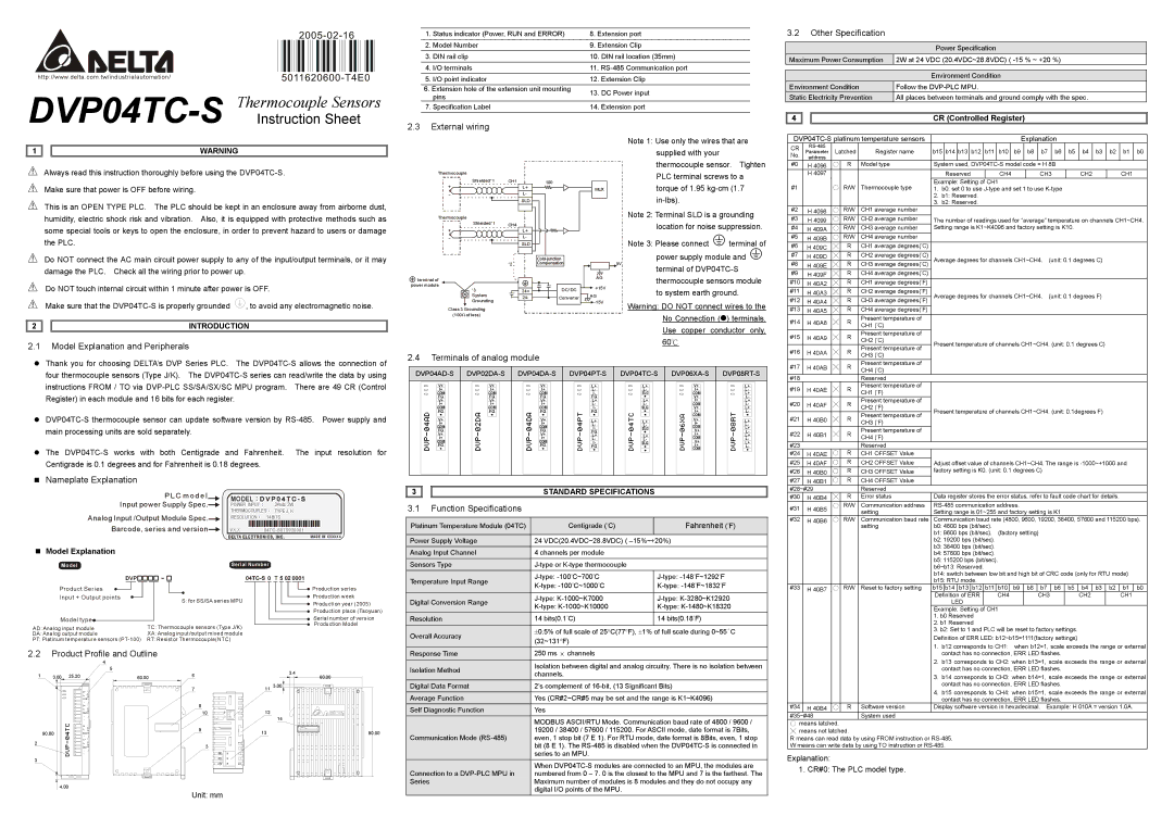 Delta Electronics DVP04TC-S instruction sheet External wiring Other Specification, Model Explanation and Peripherals 