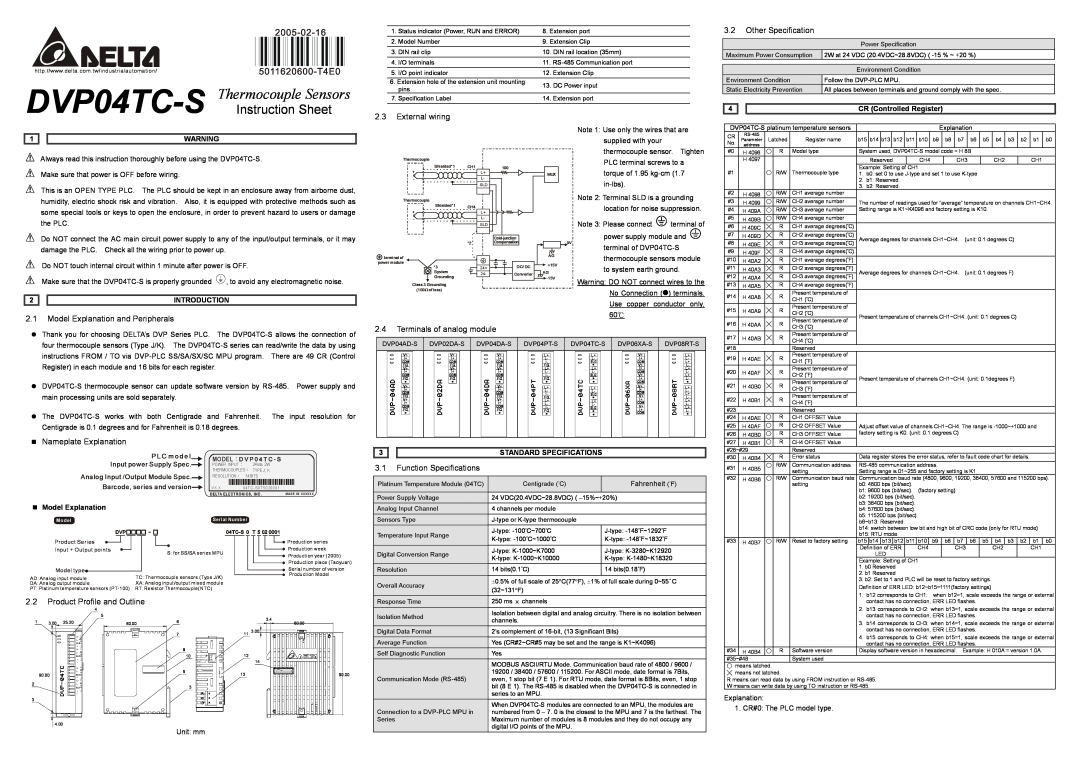 Delta Electronics DVP04TC-S instruction sheet CR Controlled Register, Introduction, Standard Specifications 
