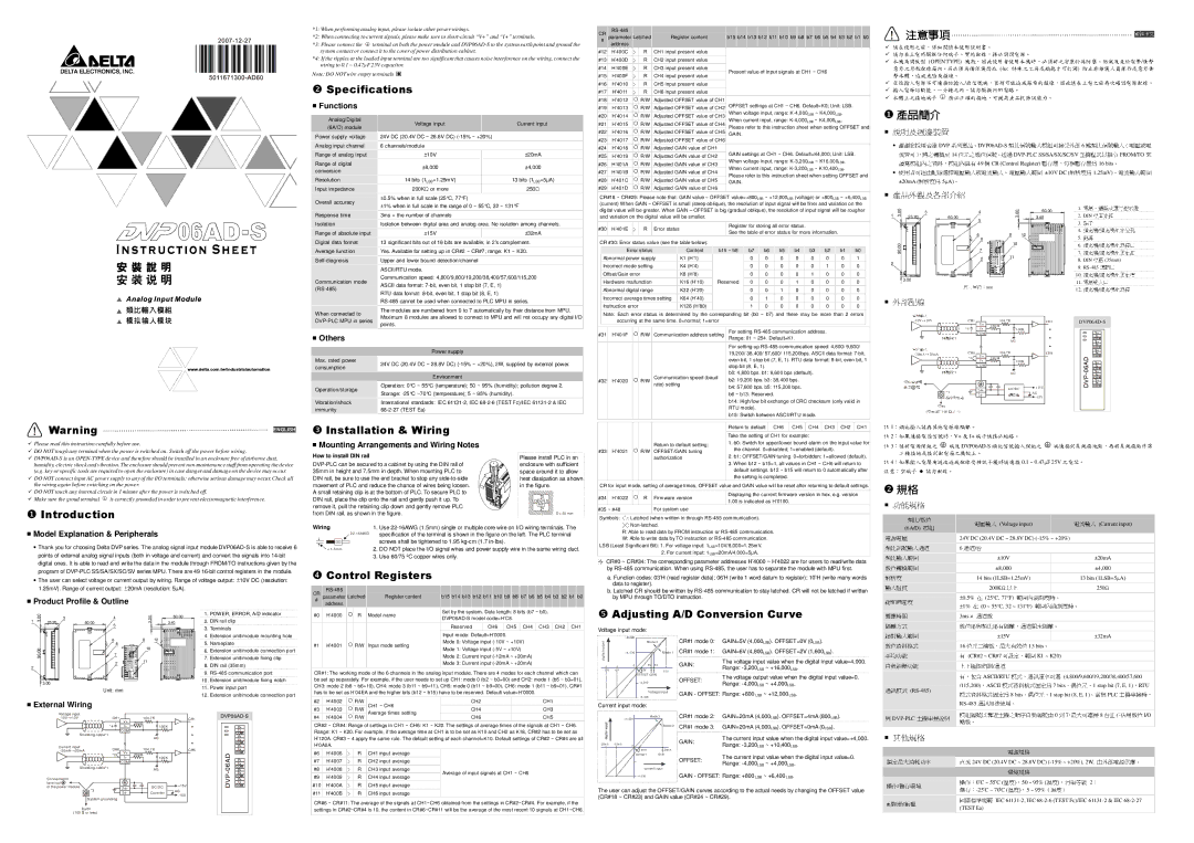 Delta Electronics DVP06AD-S specifications 注意事項 