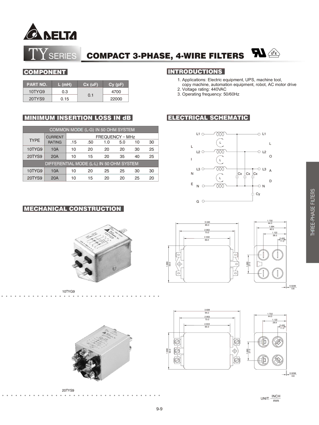 Delta Electronics DVP08ST11N manual Tyseries Compact 3-PHASE, 4-WIRE Filters, Component Introductions, Cx uF Cy pF 