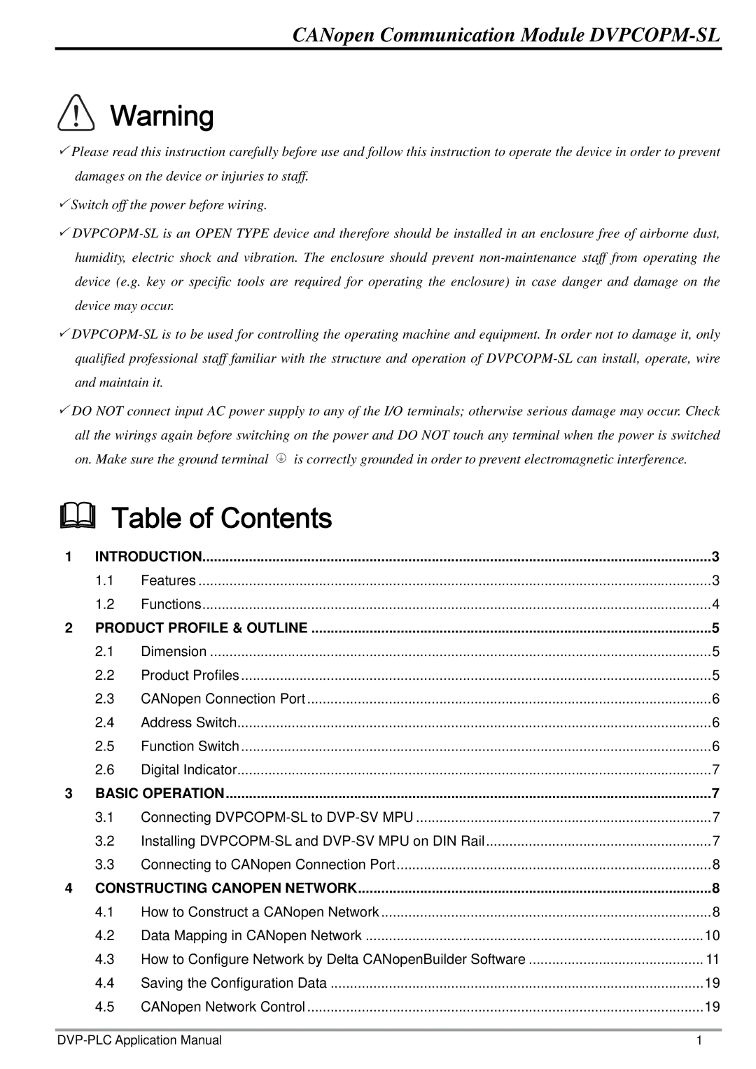 Delta Electronics DVPCOPM-SL manual Table of Contents 