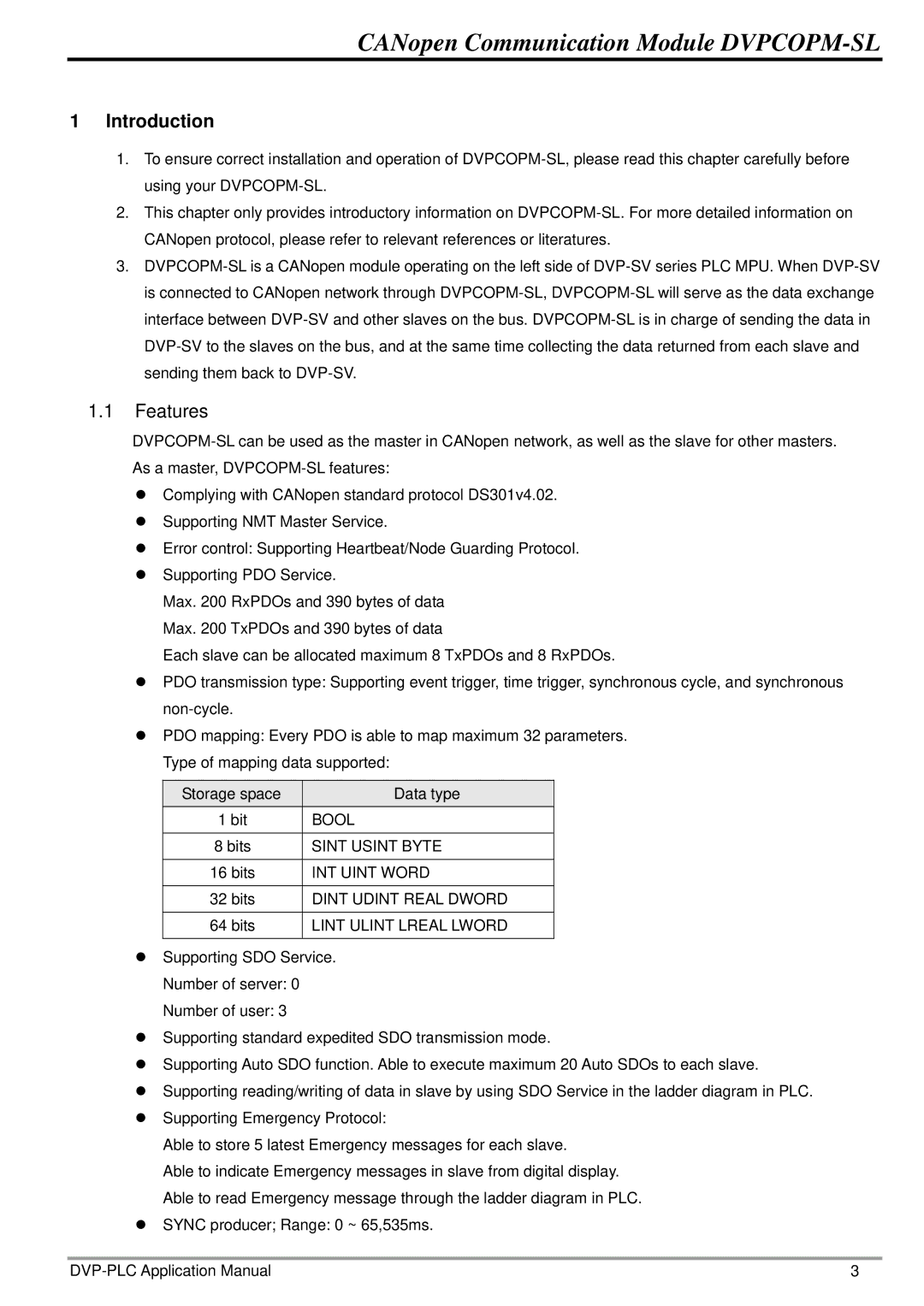 Delta Electronics DVPCOPM-SL manual Introduction, Features 