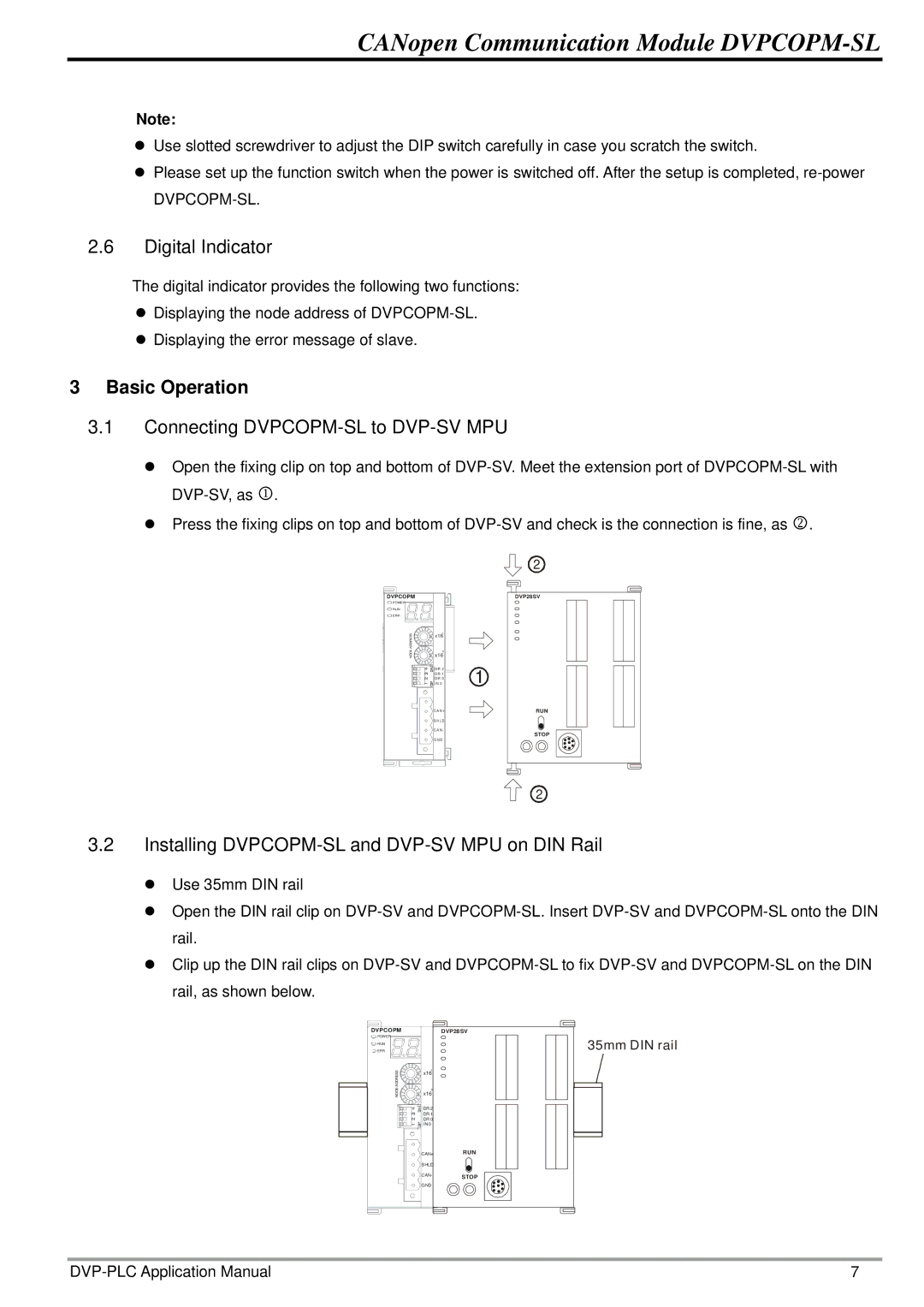 Delta Electronics manual Digital Indicator, Basic Operation, Connecting DVPCOPM-SL to DVP-SV MPU 