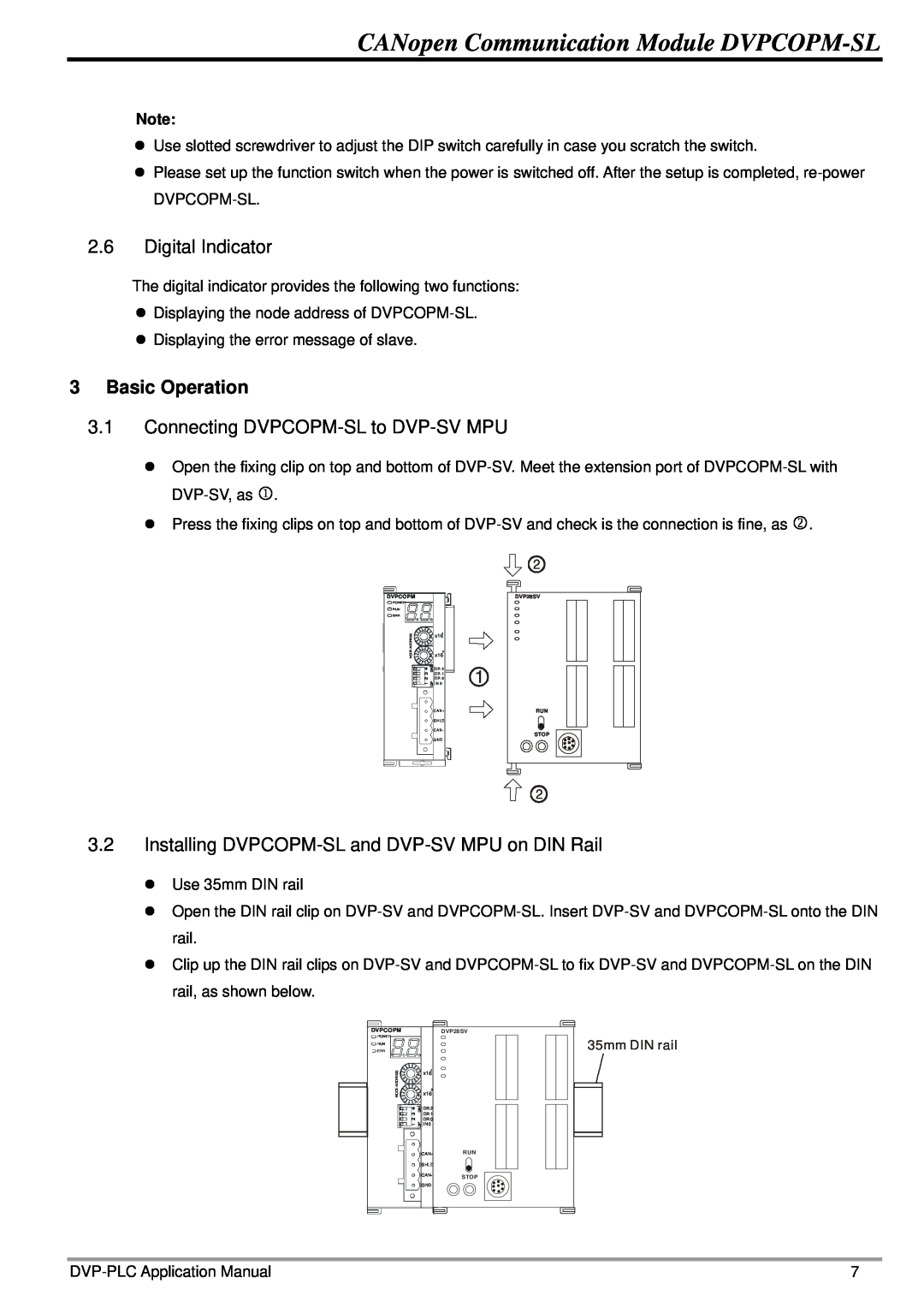Delta Electronics manual Digital Indicator, Basic Operation, Connecting DVPCOPM-SL to DVP-SV MPU 