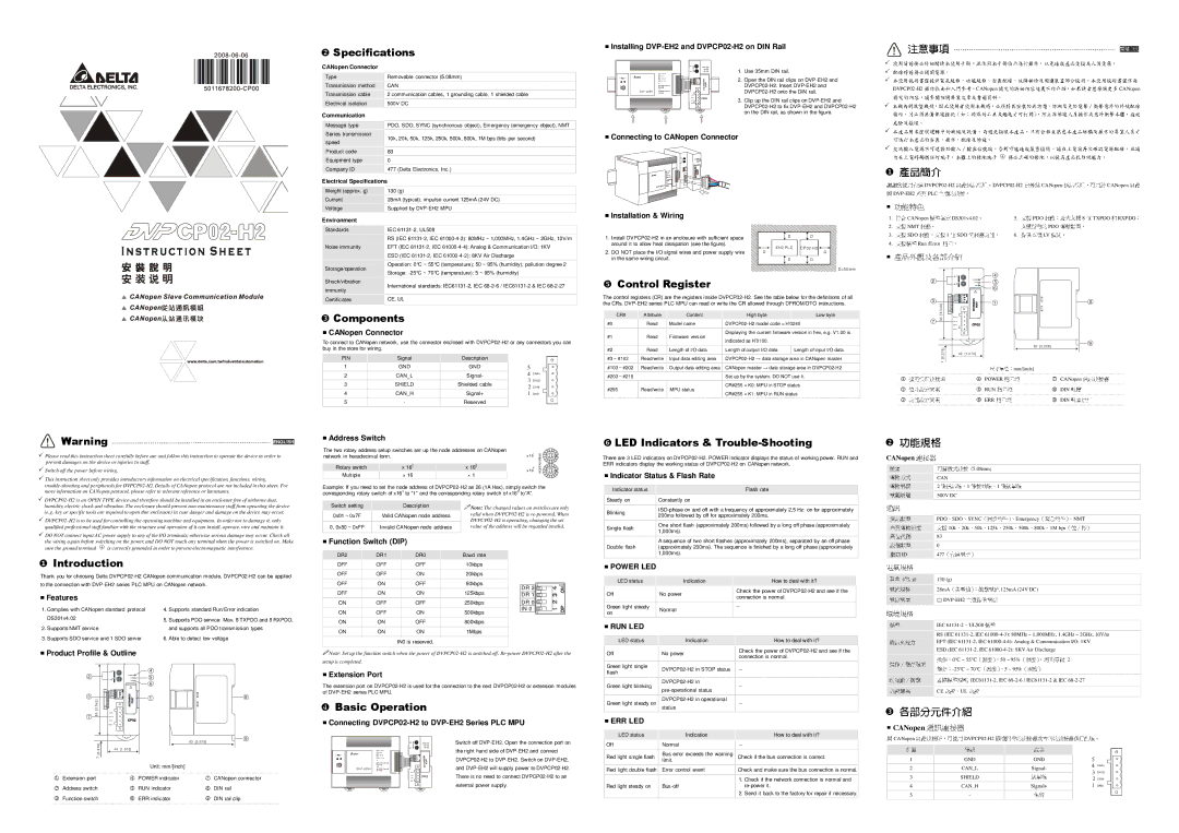 Delta Electronics specifications Installing DVP-EH2 and DVPCP02-H2 on DIN Rail, CANopen Connector, Address Switch 