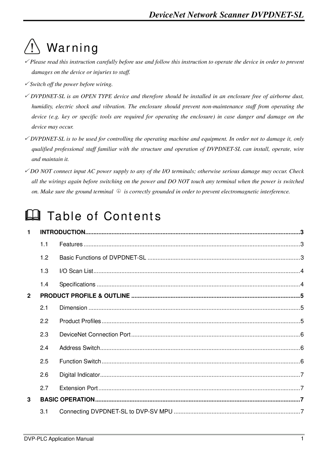 Delta Electronics DVPDNET-SL manual Table of Contents 