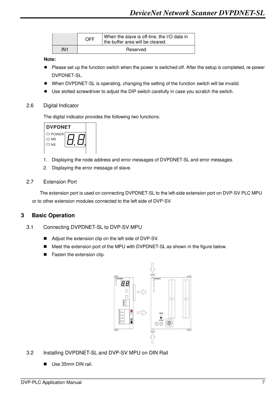 Delta Electronics manual Basic Operation, Installing DVPDNET-SL and DVP-SV MPU on DIN Rail, IN1 