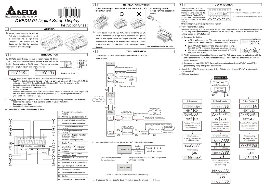 Delta Electronics DVPDU-01 instruction sheet Installation & Wiring, TC-01 Operation, Introduction, TS-01 Operation 