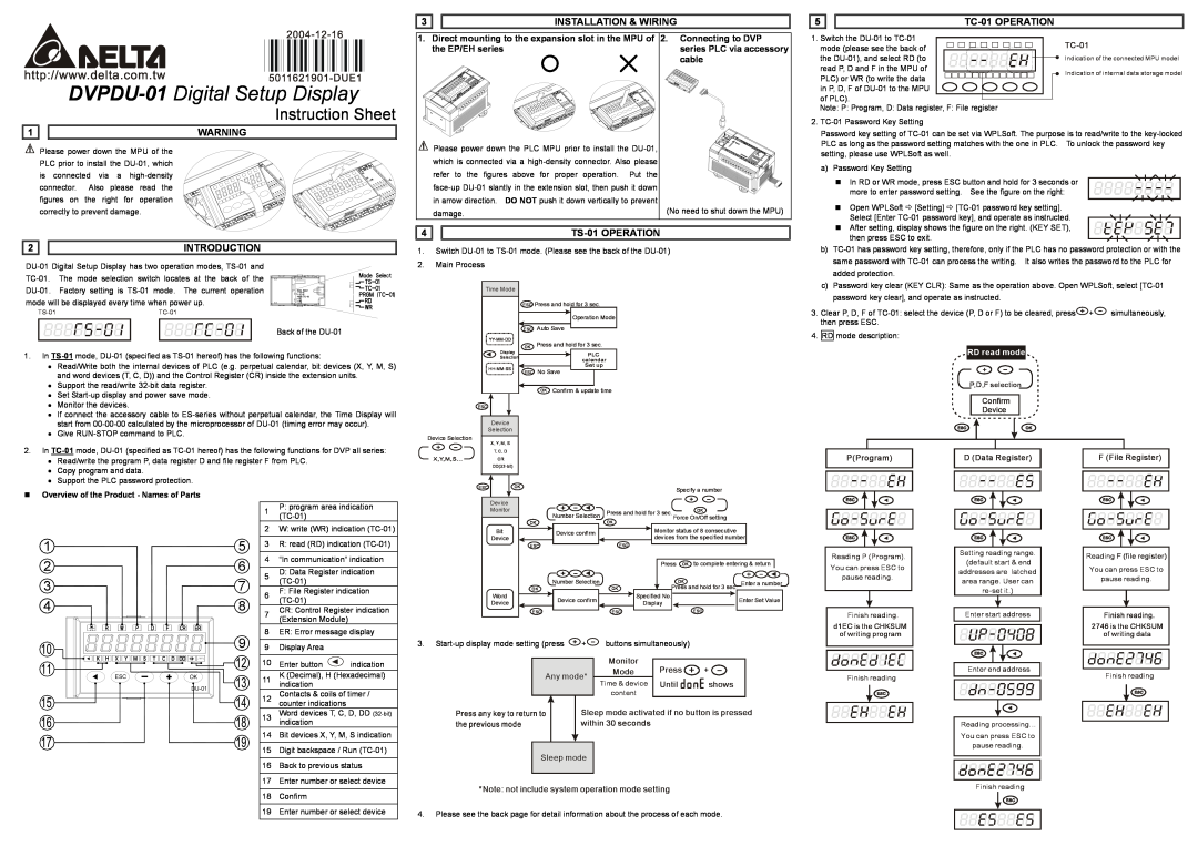 Delta Electronics DVPDU-01 instruction sheet Installation & Wiring, TC-01 OPERATION, Introduction, TS-01 OPERATION, cable 