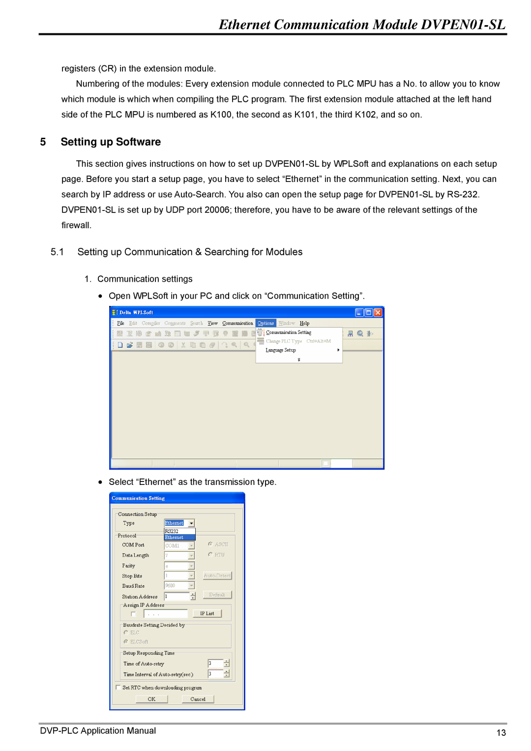 Delta Electronics DVPEN01-SL manual Setting up Software 