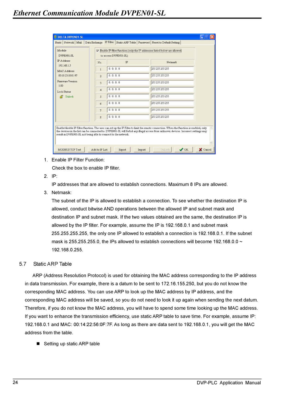 Delta Electronics DVPEN01-SL manual Static ARP Table 