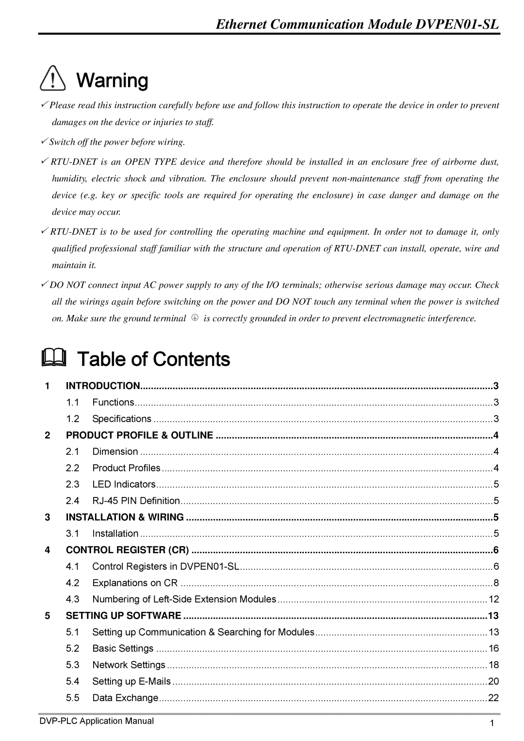 Delta Electronics DVPEN01-SL manual Table of Contents 