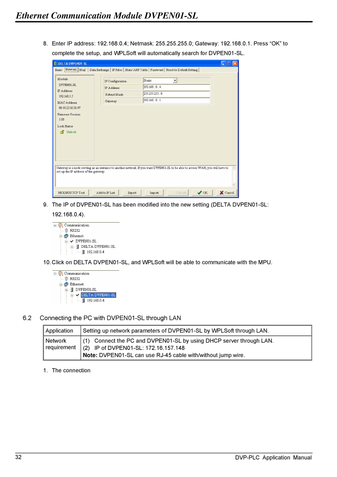 Delta Electronics manual Connecting the PC with DVPEN01-SL through LAN 