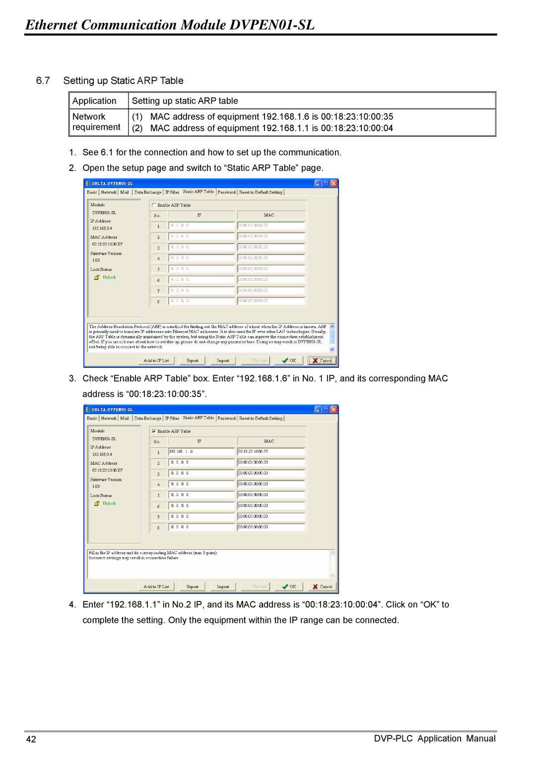 Delta Electronics DVPEN01-SL manual Setting up Static ARP Table 