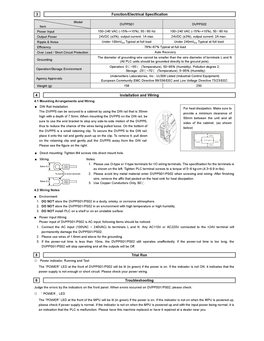 Delta Electronics DVPPS02, DVPPS01 Function/Electrical Specification, Installation and Wiring, Trial Run, Troubleshooting 