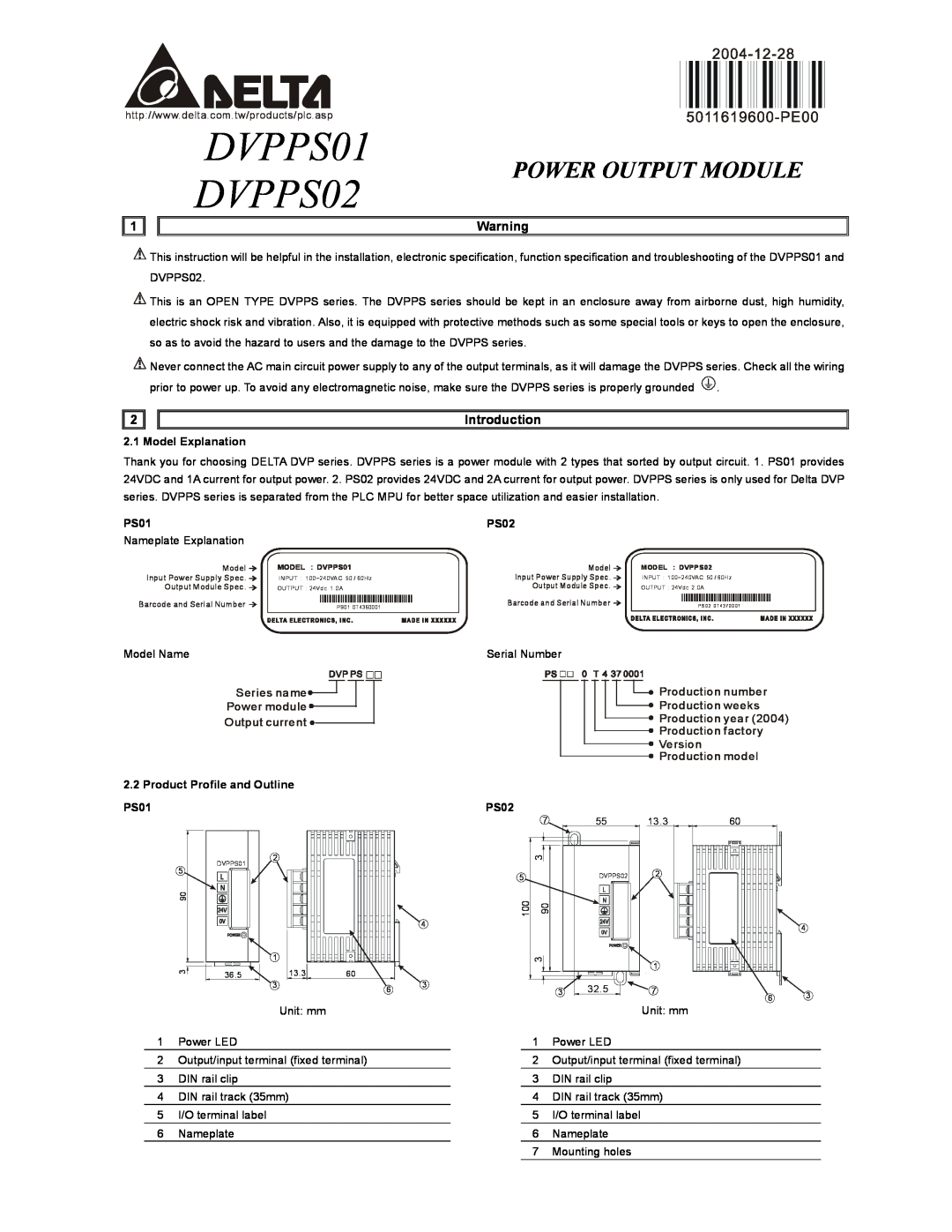 Delta Electronics manual Introduction, Model Explanation, Product Profile and Outline PS01, DVPPS01 DVPPS02 