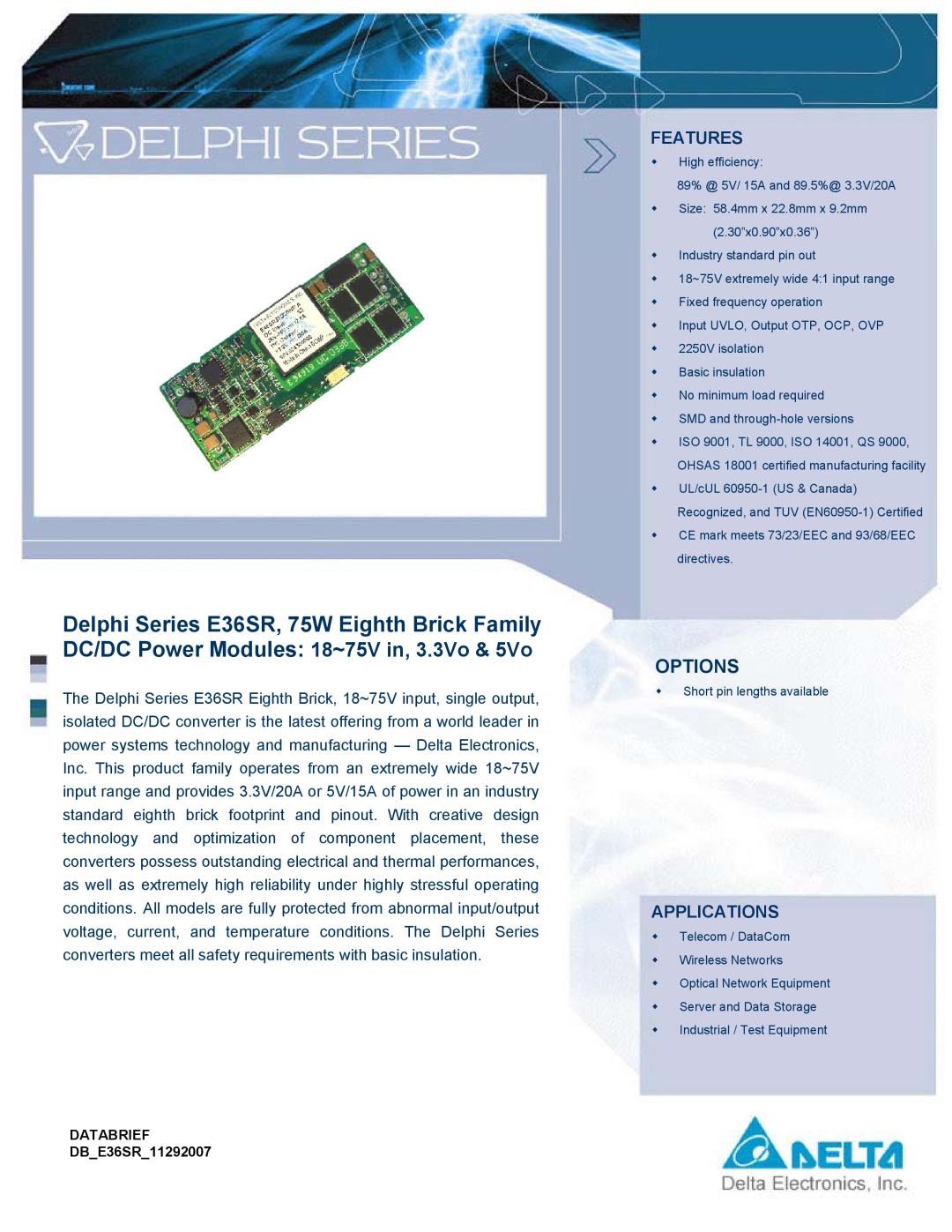 Delta Electronics E36SR manual Features, Applications, Options 
