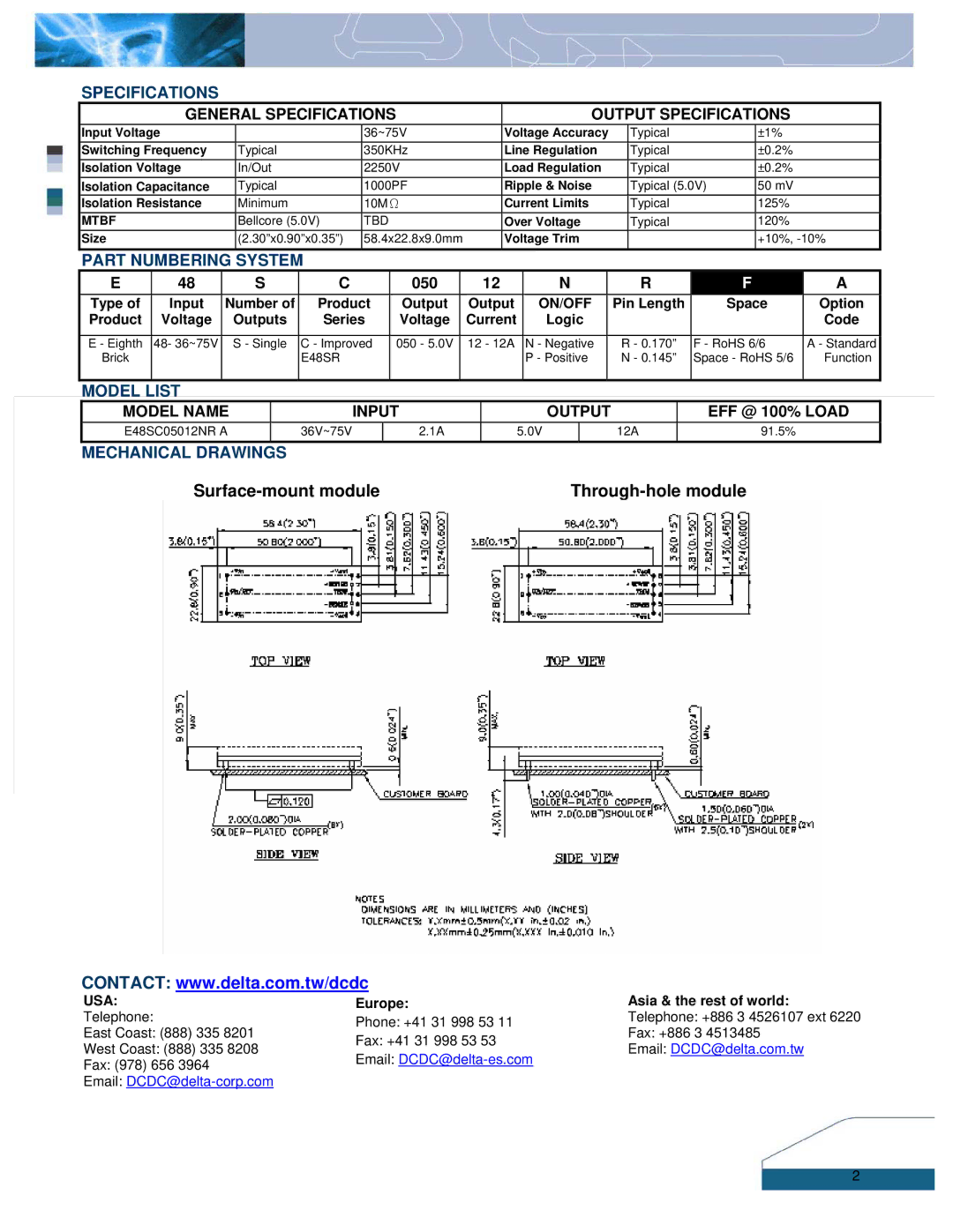 Delta Electronics E48SC manual Specifications, Part Numbering System, Model List, On/Off, Usa 