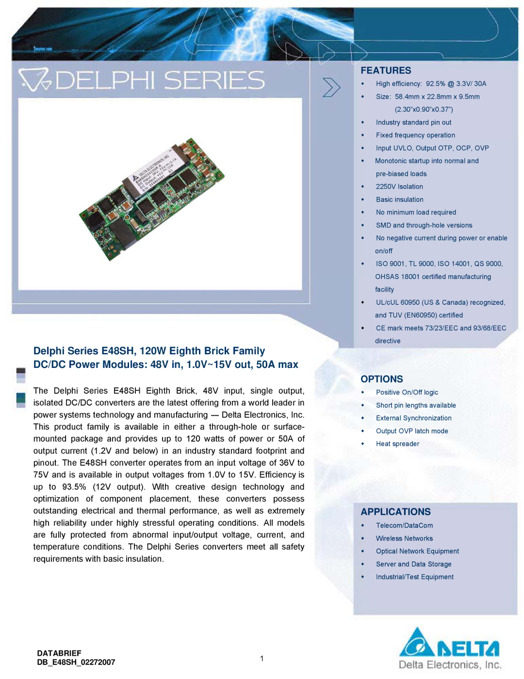 Delta Electronics manual Features, Options, Applications, Databrief, DBE48SH02272007 