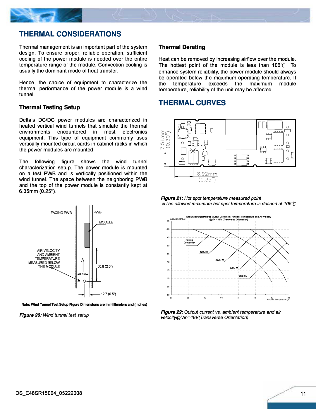 Delta Electronics E48SR manual Thermal Considerations, Thermal Curves, Thermal Testing Setup, Thermal Derating 