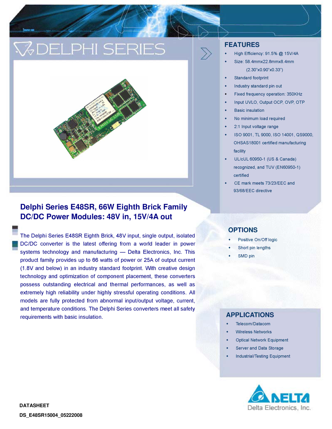 Delta Electronics E48SR manual Options 