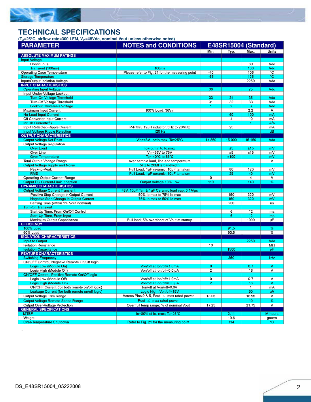 Delta Electronics E48SR manual Technical Specifications, Parameter 