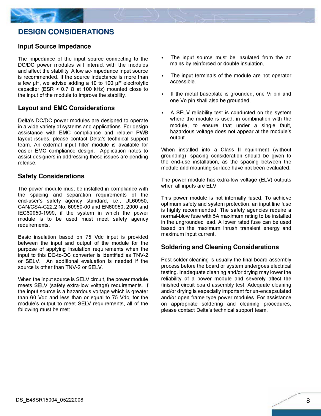 Delta Electronics E48SR manual Design Considerations, Input Source Impedance, Layout and EMC Considerations 