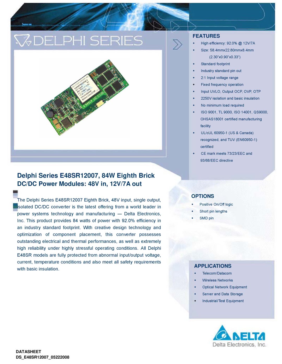 Delta Electronics manual Delphi Series E48SR12007, 84W Eighth Brick 