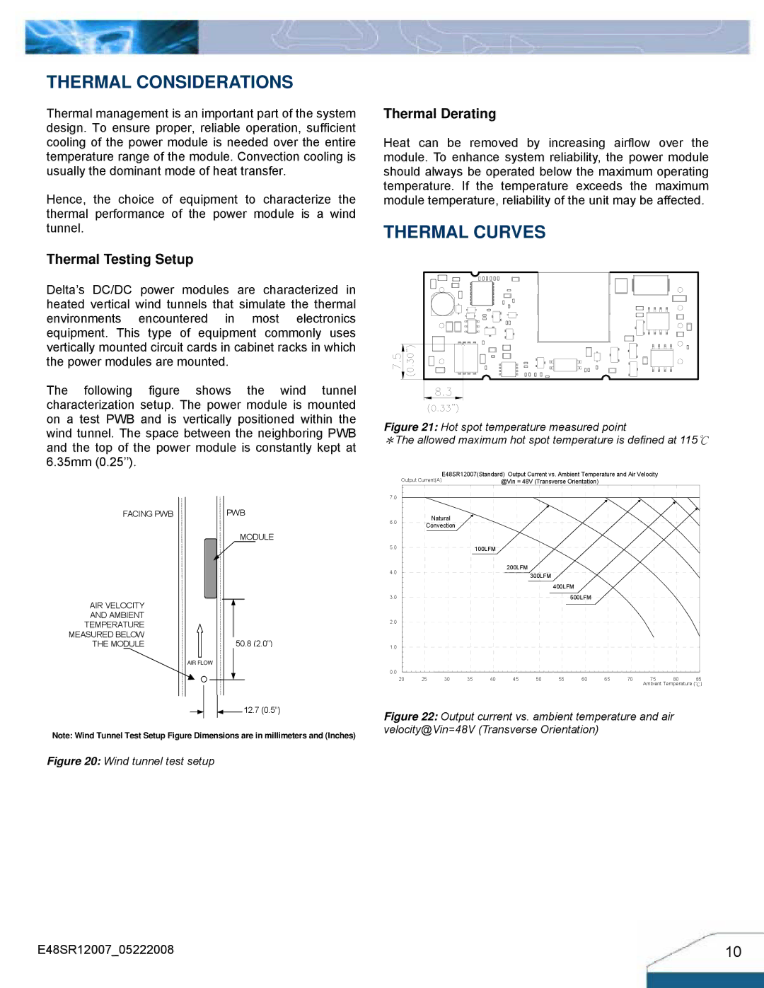 Delta Electronics E48SR12007 manual Thermal Considerations, Thermal Curves, Thermal Testing Setup, Thermal Derating 