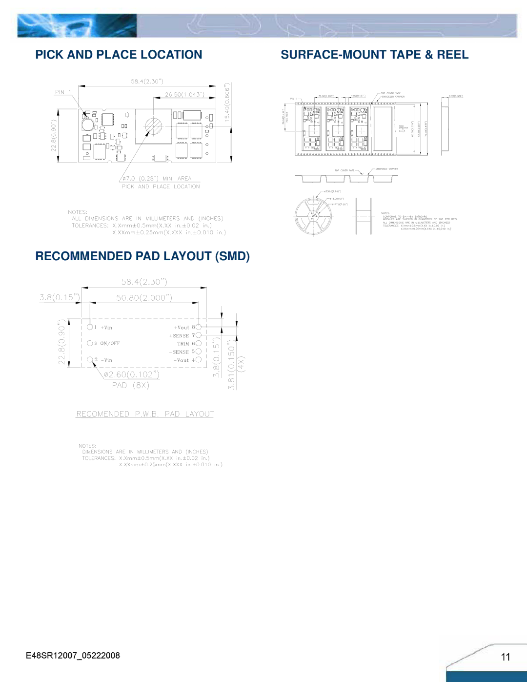 Delta Electronics E48SR12007 manual Pick and Place Location, Recommended PAD Layout SMD 